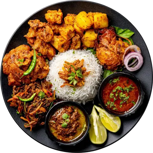 Rice with grilled food and side dishes on a black platter