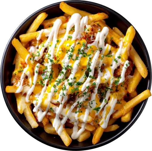 Loaded fries topped with sauce and herbs